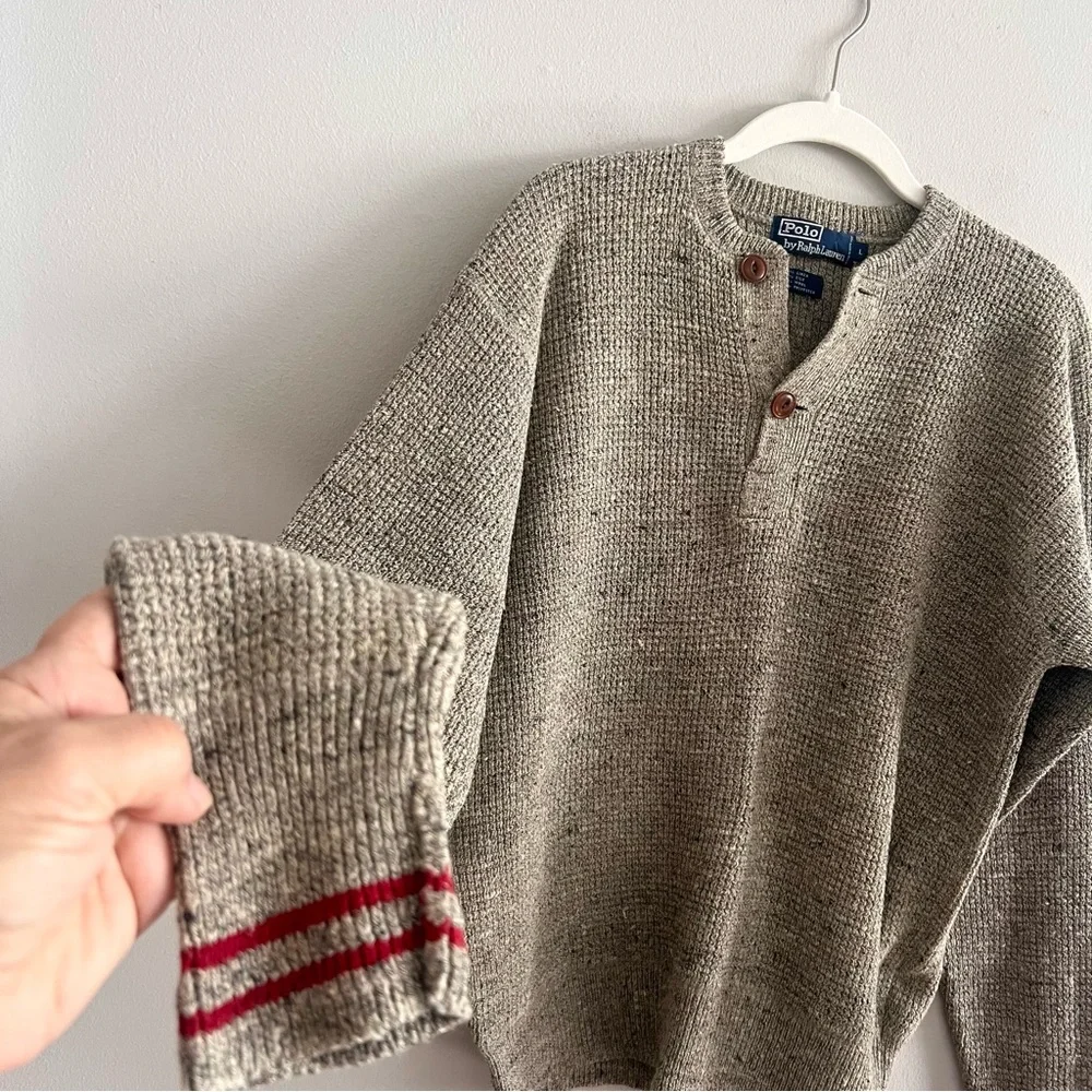 Polo Ralph Lauren Men's Large Beige Crewneck Sweater with Button Detail vintage